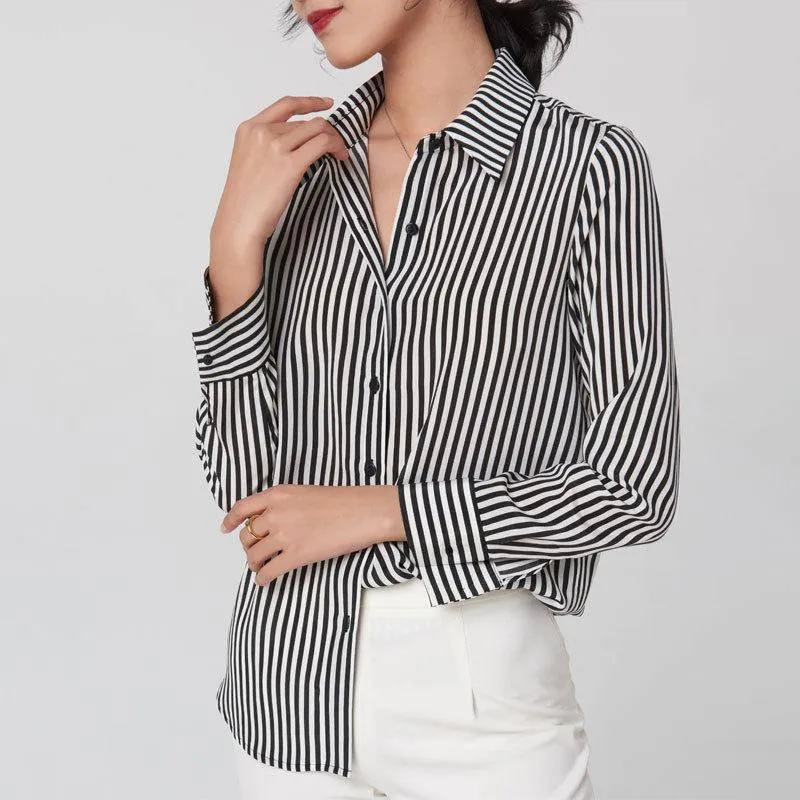 100% Pure Silk Long Sleeves Silk Blouse Silk Shirt Stripe  For Women