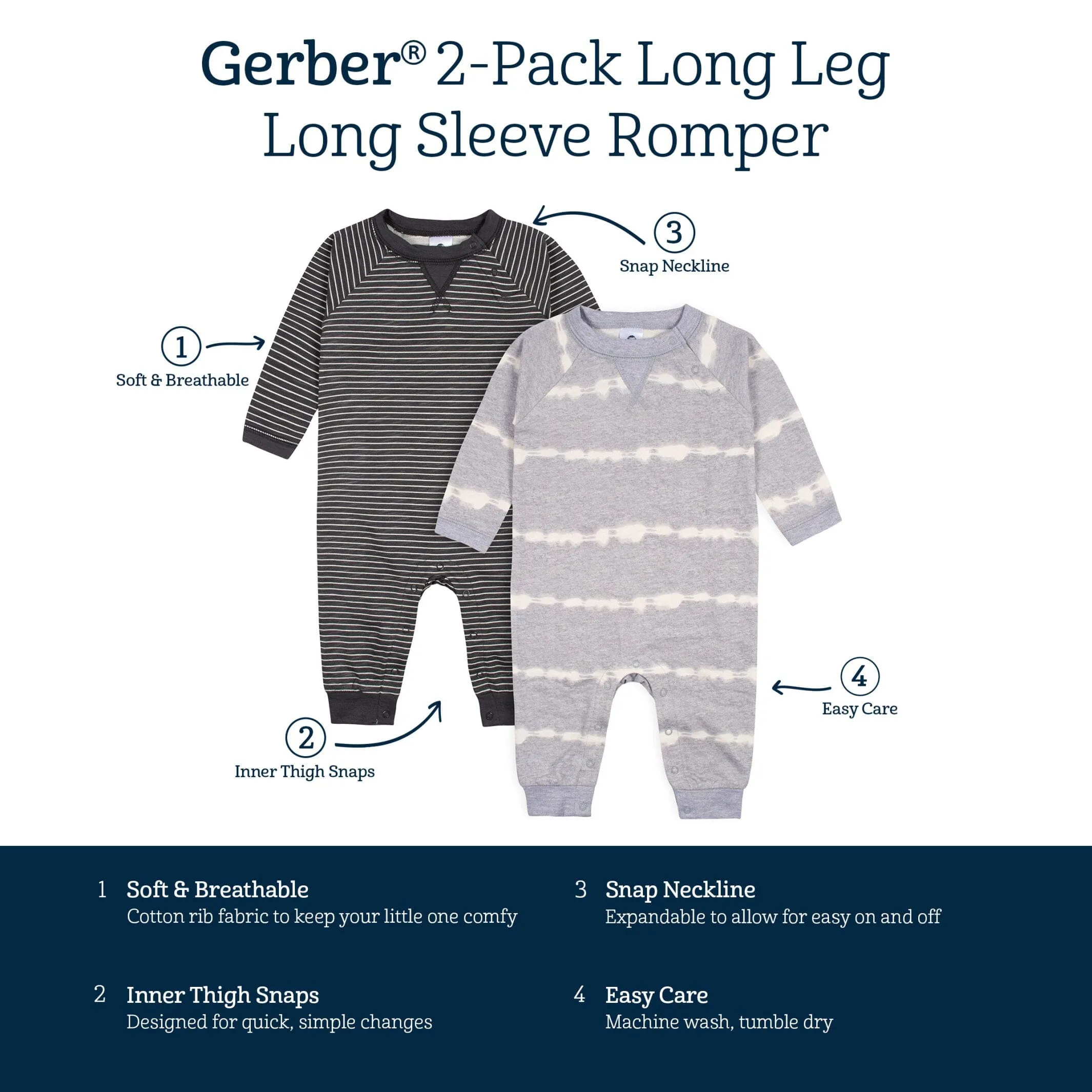 2-Pack Baby Boys Light Gray Tie Dye & Striped Raglan Sleeve Romper