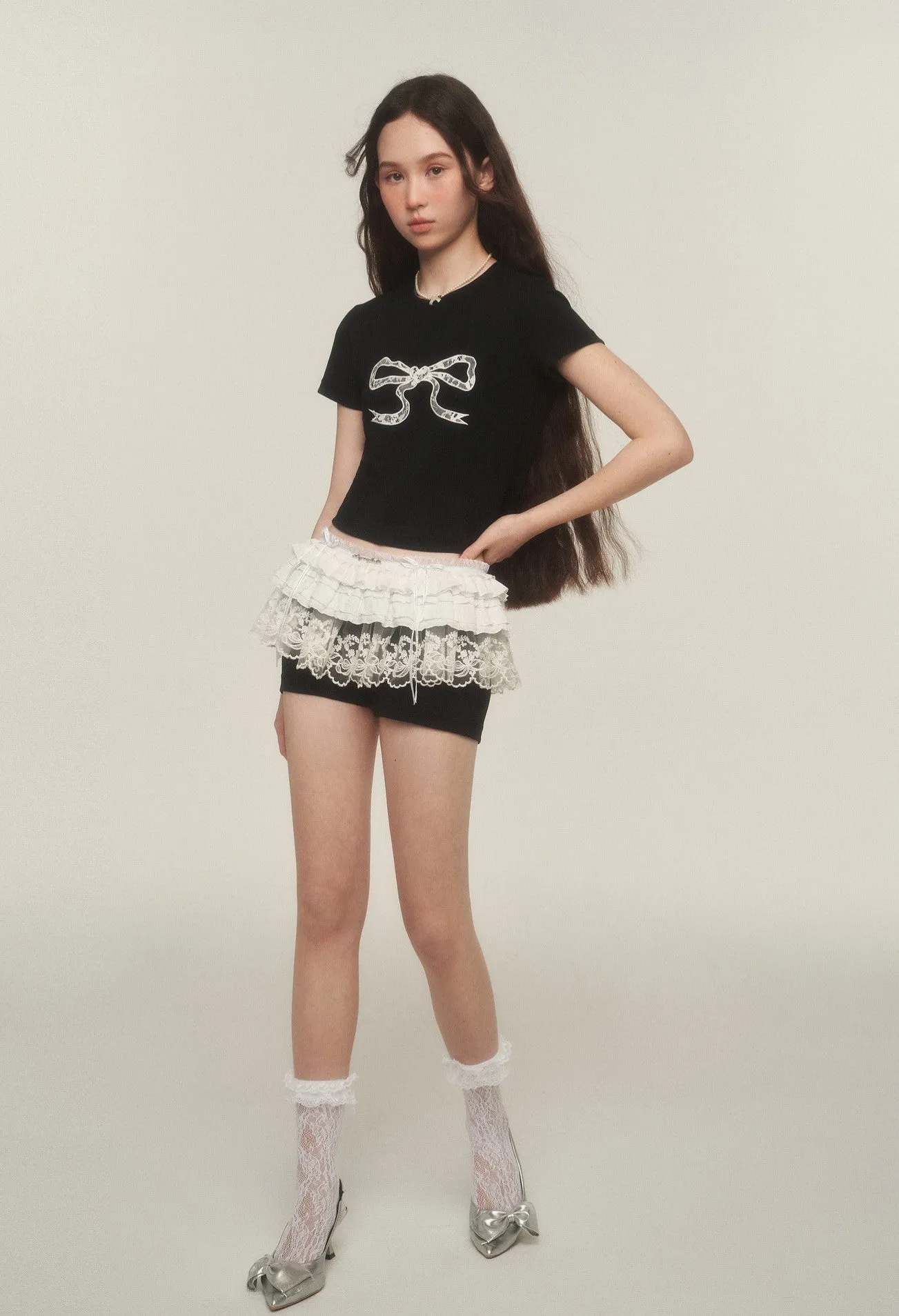 American Retro Slim Lace Bow T-shirt AYF0035