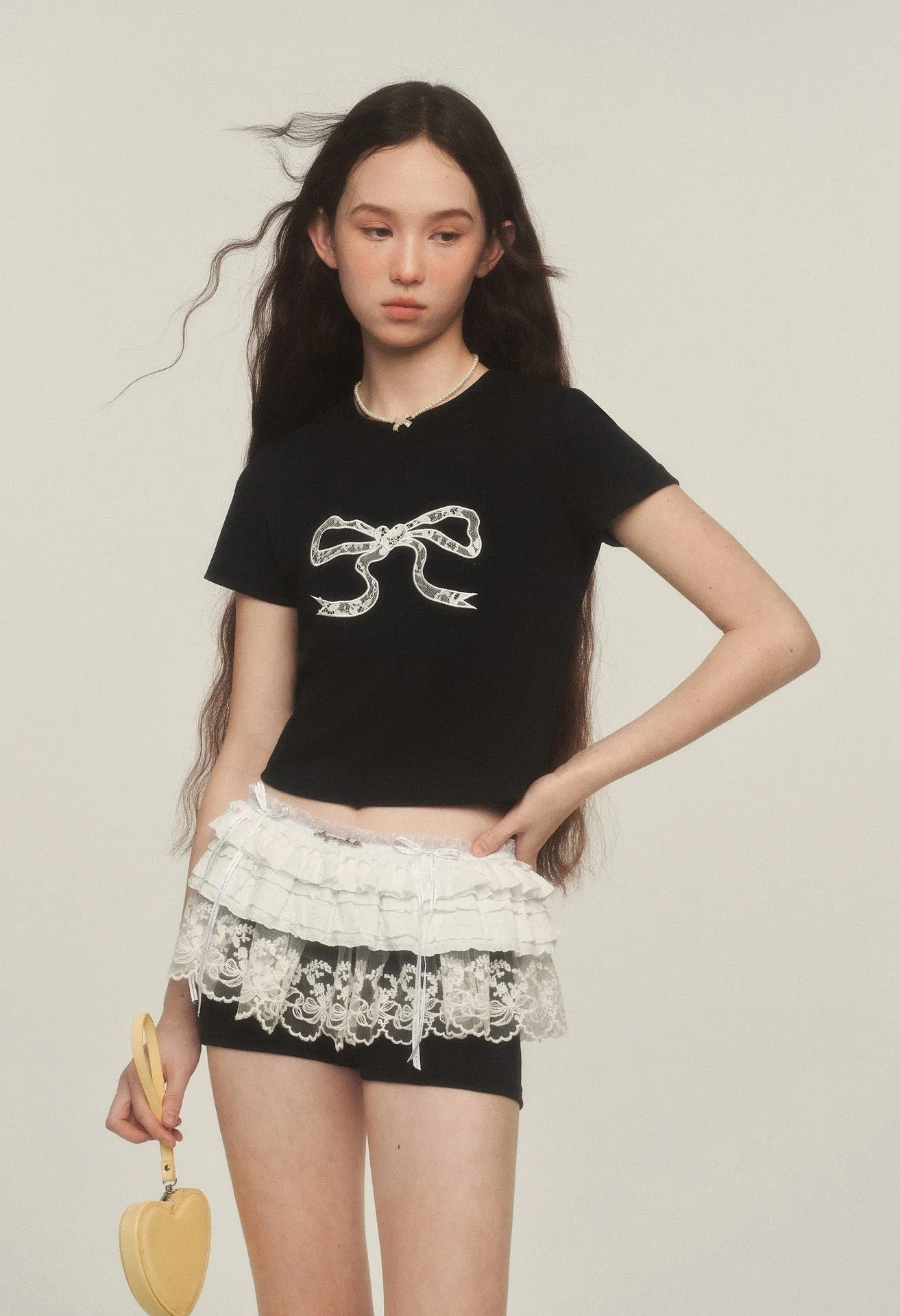 American Retro Slim Lace Bow T-shirt AYF0035