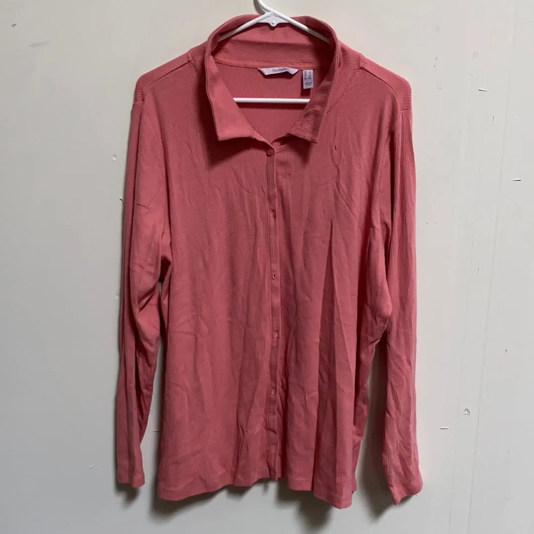 AnyBody Cozy Knit Collared Rib Button Front Long Sleeve Top Rose,Size 1X