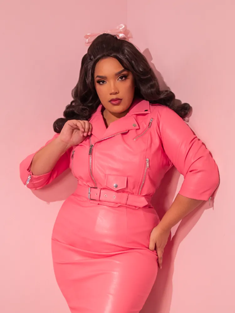 Bad Girl 3/4 Sleeve Cropped Motorcycle Jacket in Flamingo Pink Vegan Leather - Vixen by Micheline Pitt