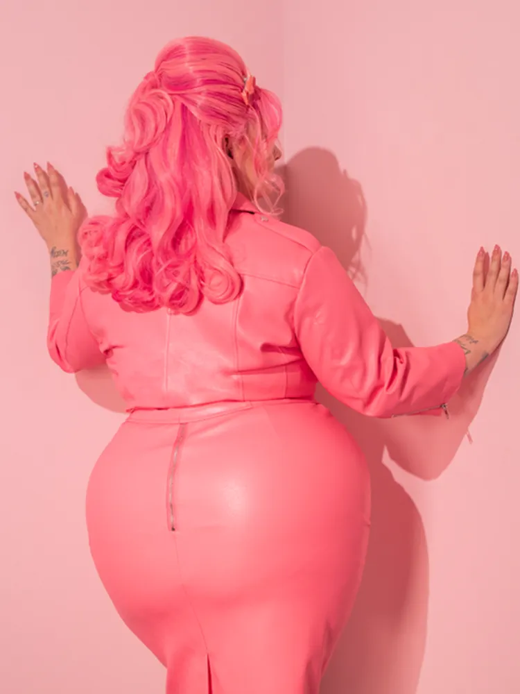 Bad Girl 3/4 Sleeve Cropped Motorcycle Jacket in Flamingo Pink Vegan Leather - Vixen by Micheline Pitt