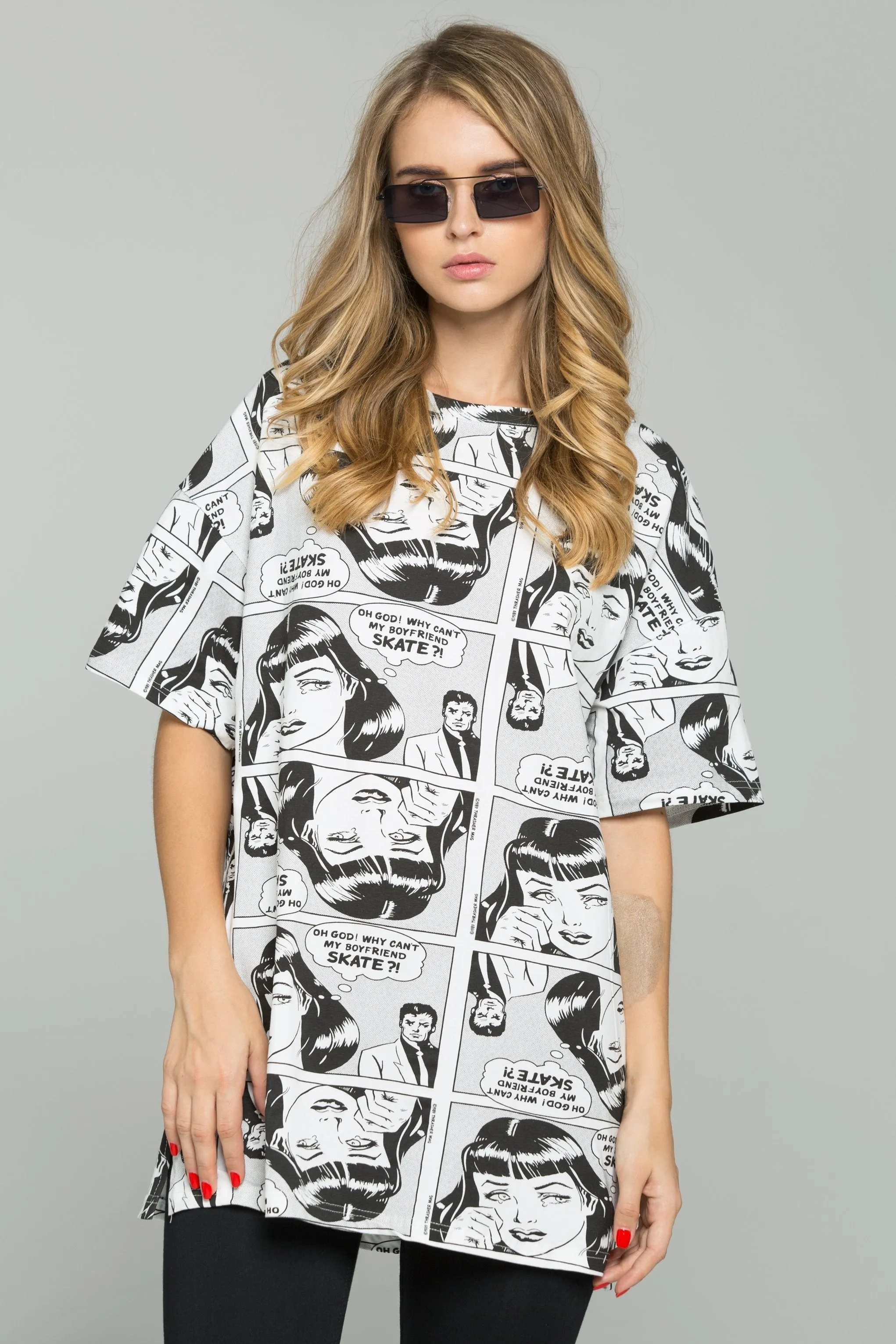 Black and White Comic Book Print T-Shirt