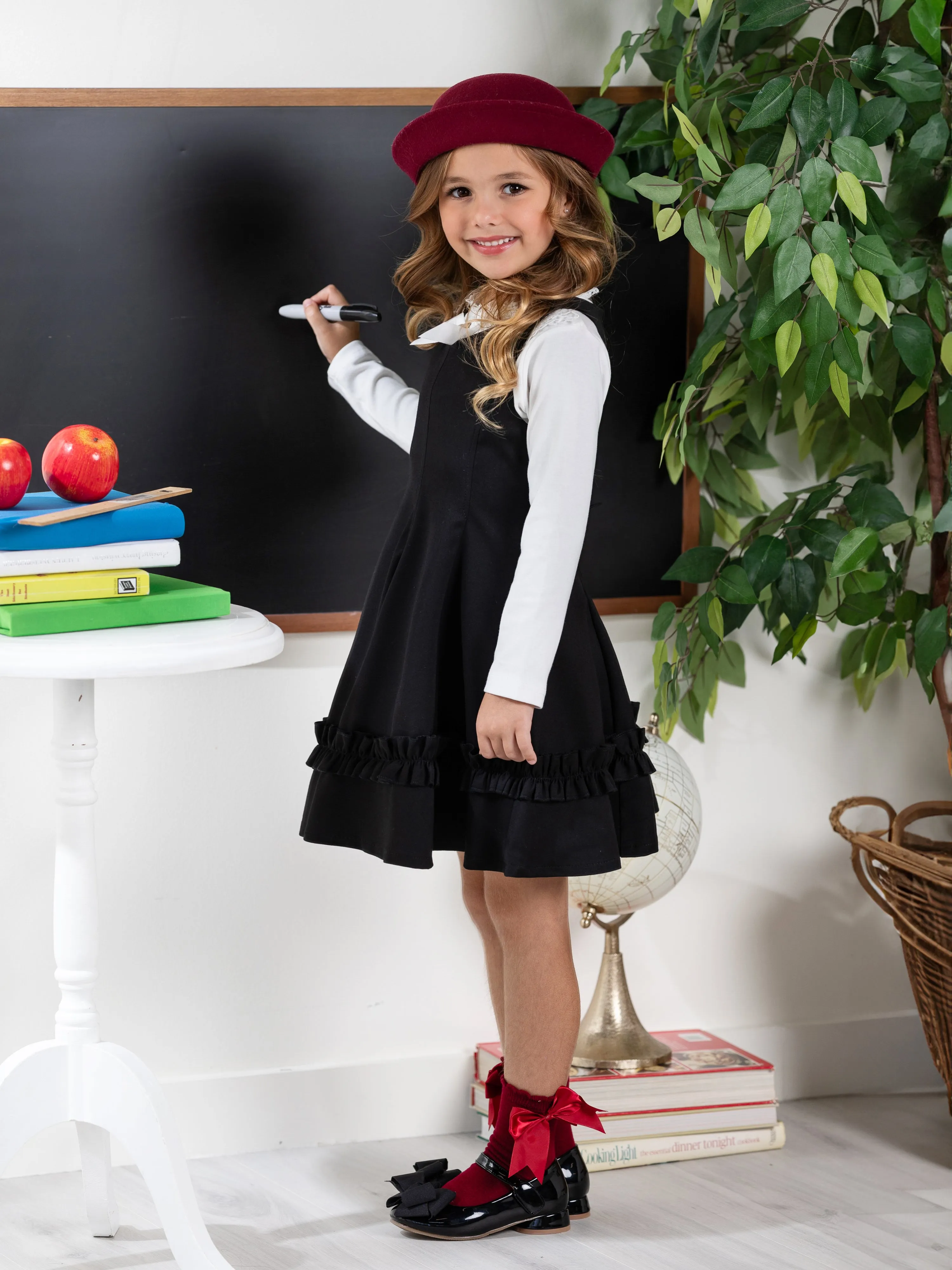 Black Classic Elegance Ruffle Jumper Dress by Kids Couture