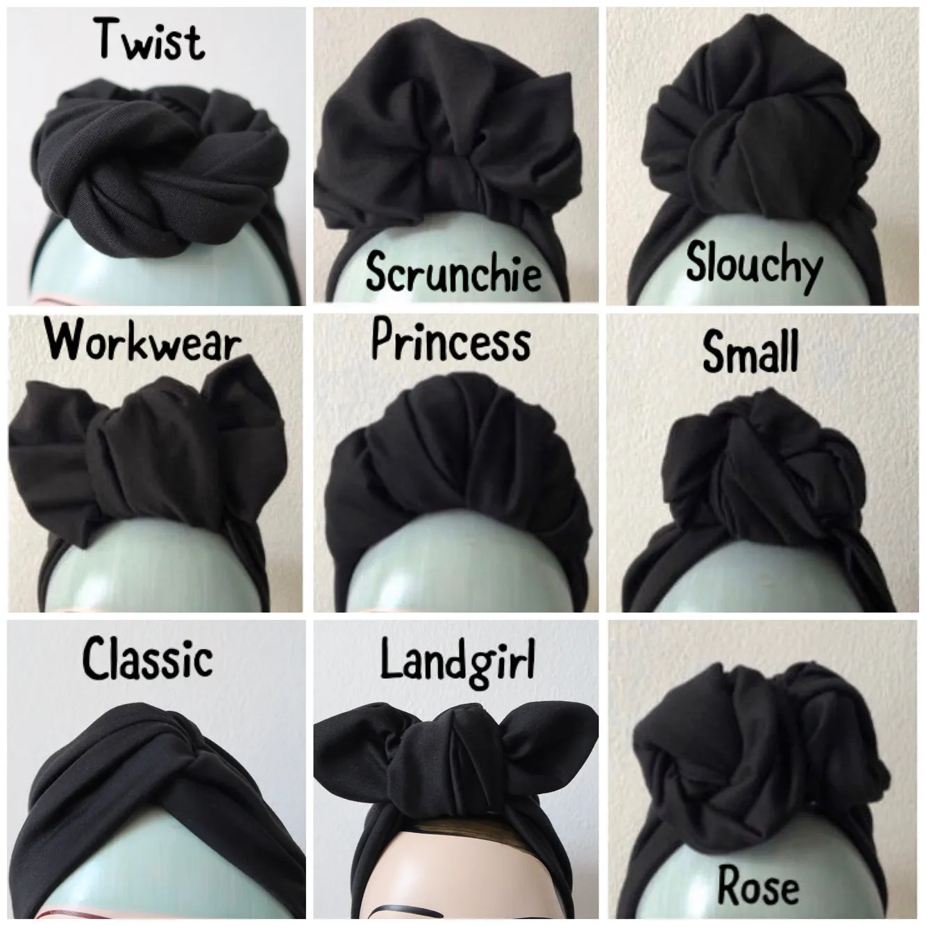 BLACK KNOT CHOICE 1940s Pre-tied Stretchy Plain Black Turban(made to order)