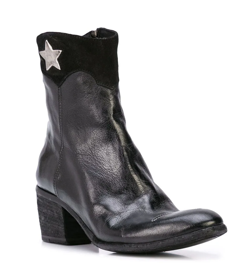 Black Leather Round Toe Boot W/ Silver Star Detail