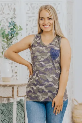 Blow Me A Kiss Camouflage Print Lace Detail Pocket Tank Top in Green