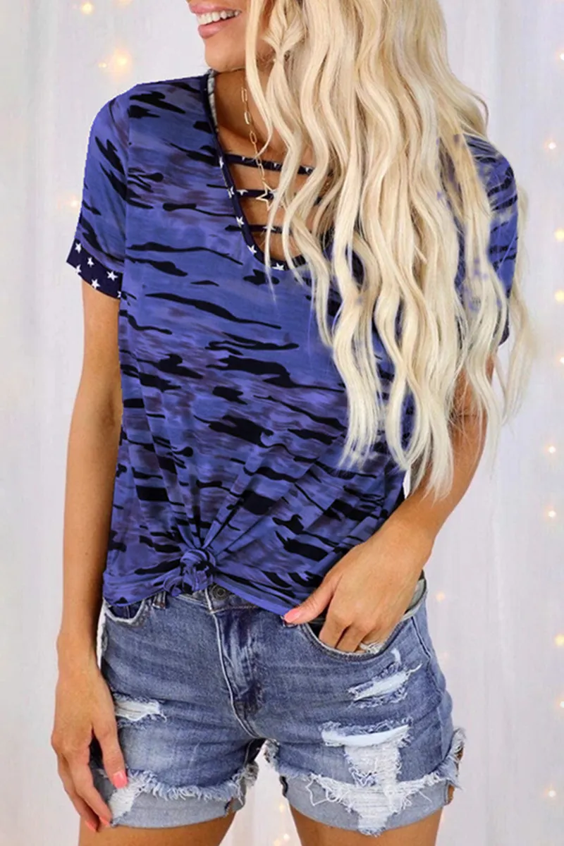 Casual Street Camouflage Print Hollowed Out Split Joint V Neck T-Shirts