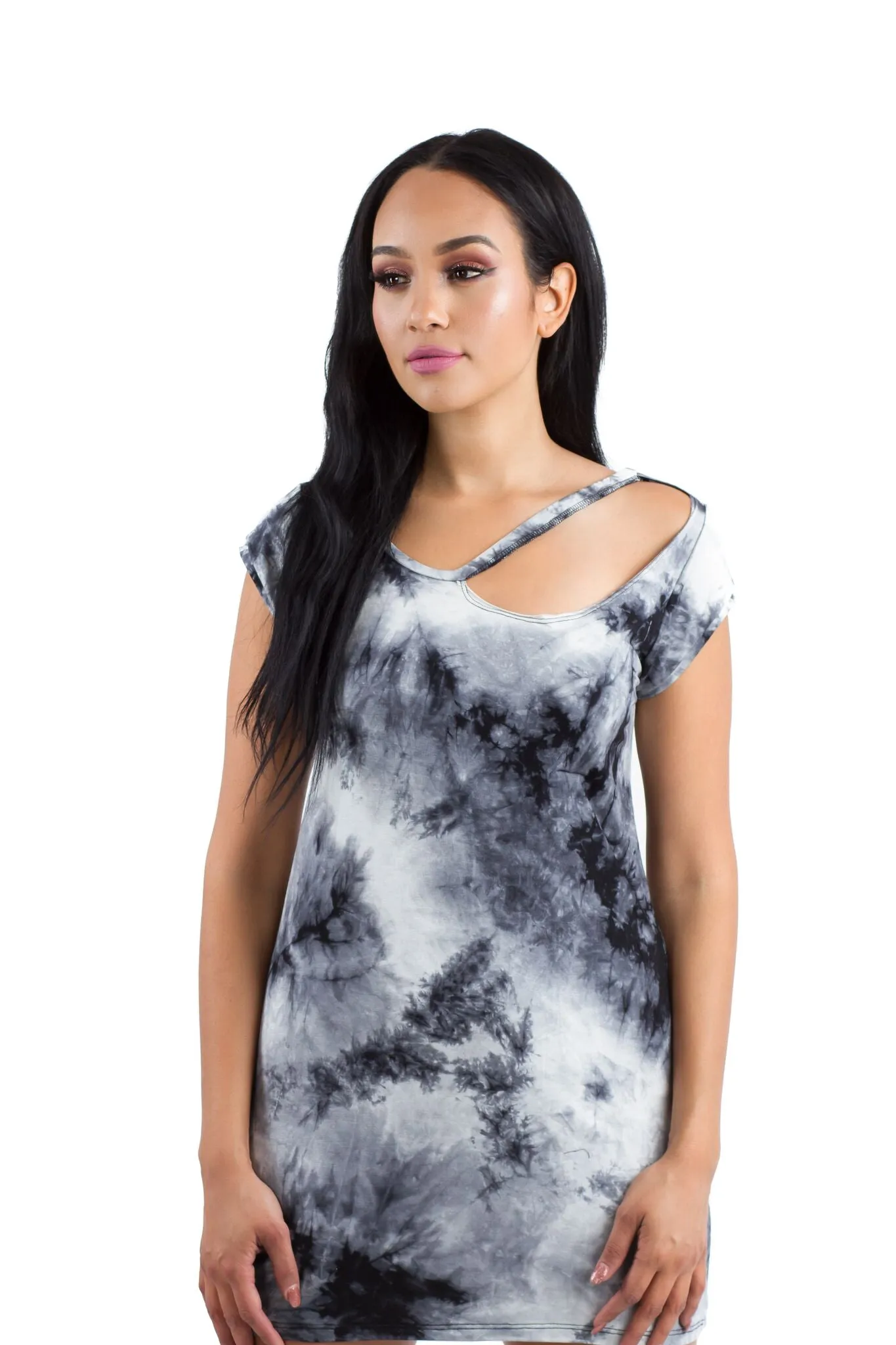 CHARCOAL GRAY TIE DYE RIPPED CUT OUT NECKLINE BOYFRIEND TEE TUNIC