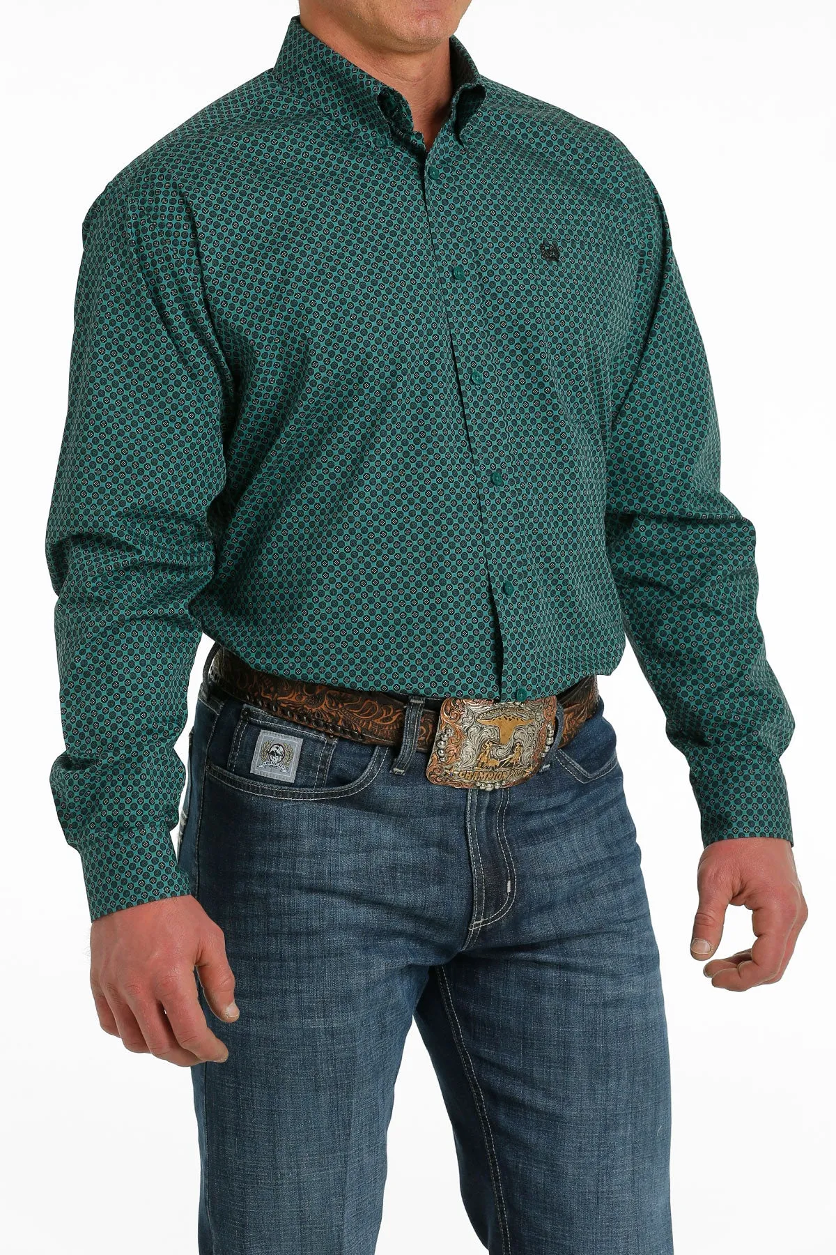 Cinch® Men's Teal Green Geoprint Long Sleeve Button Front Western Shirt