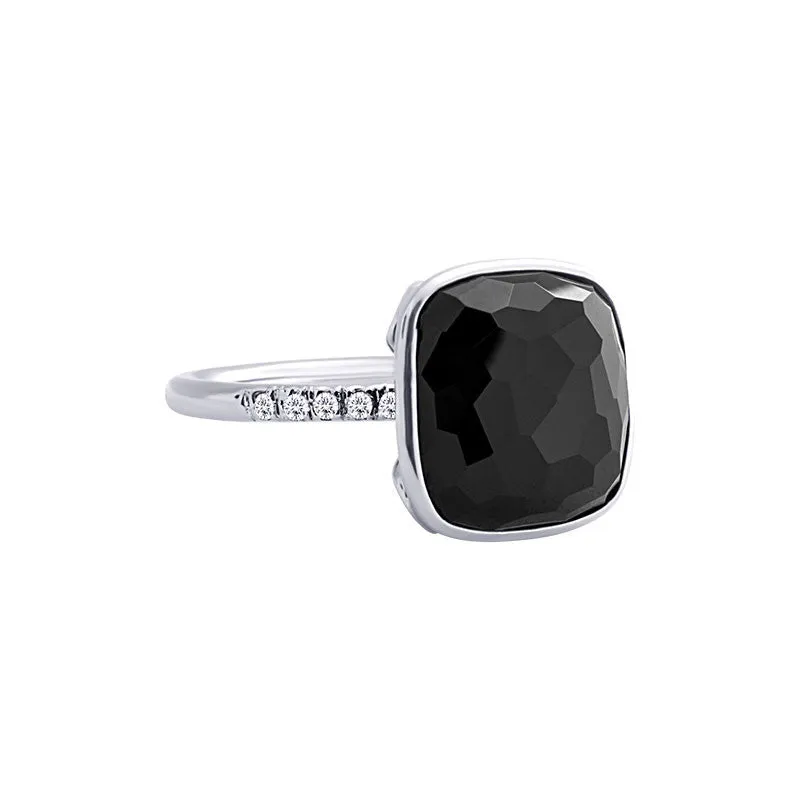 Como Collection 12mm Cushion Black Spinel and Diamond Ring