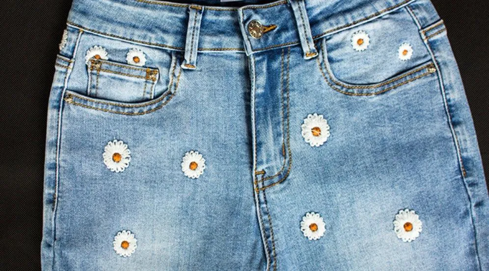 Daisy Embroidered Bell Bottom Stretch denim jeans