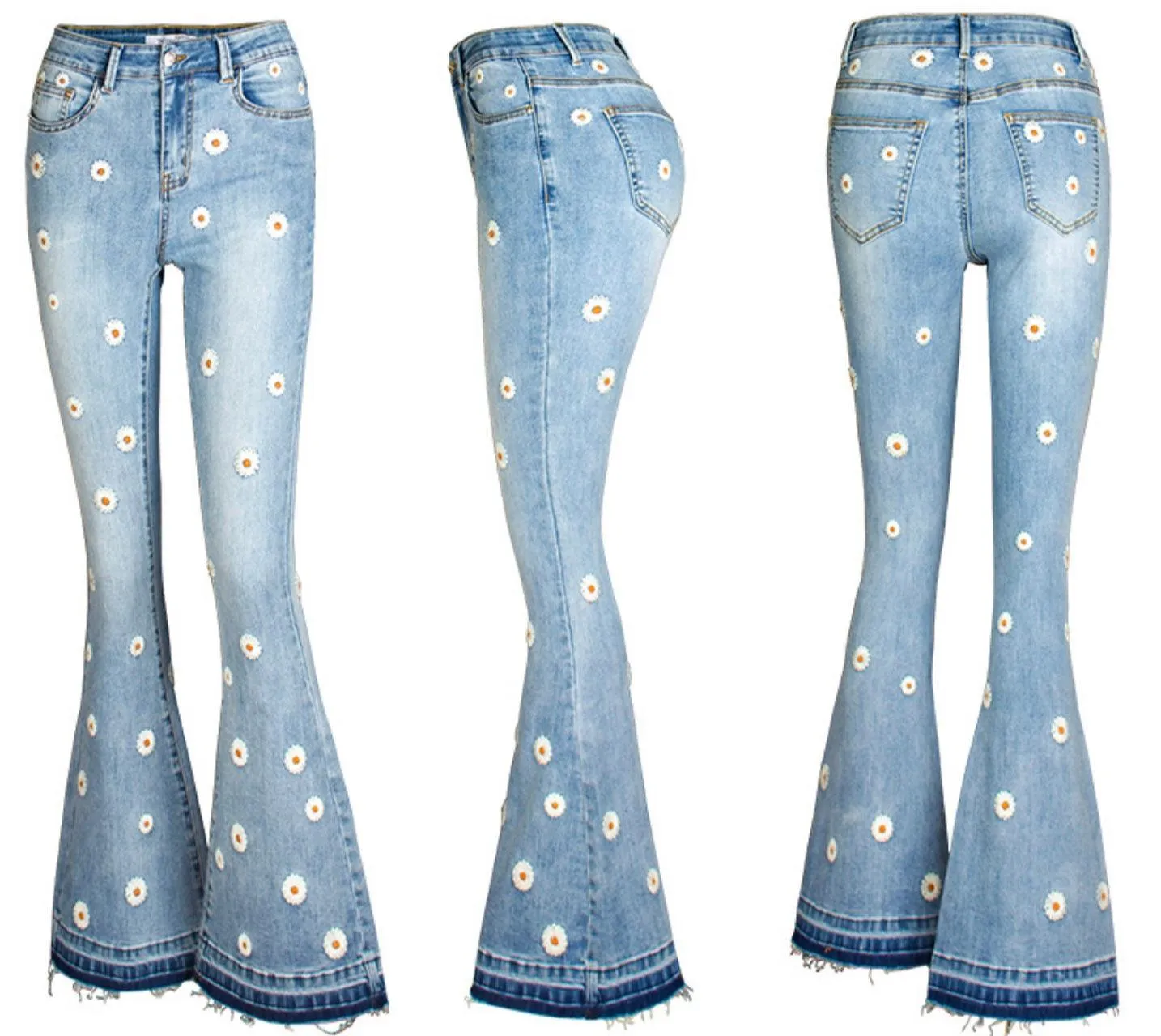 Daisy Embroidered Bell Bottom Stretch denim jeans