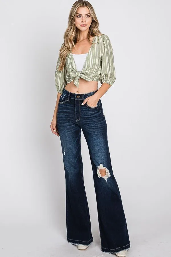 Dark Wash Distressed Super High Rise Flare 70's Flares