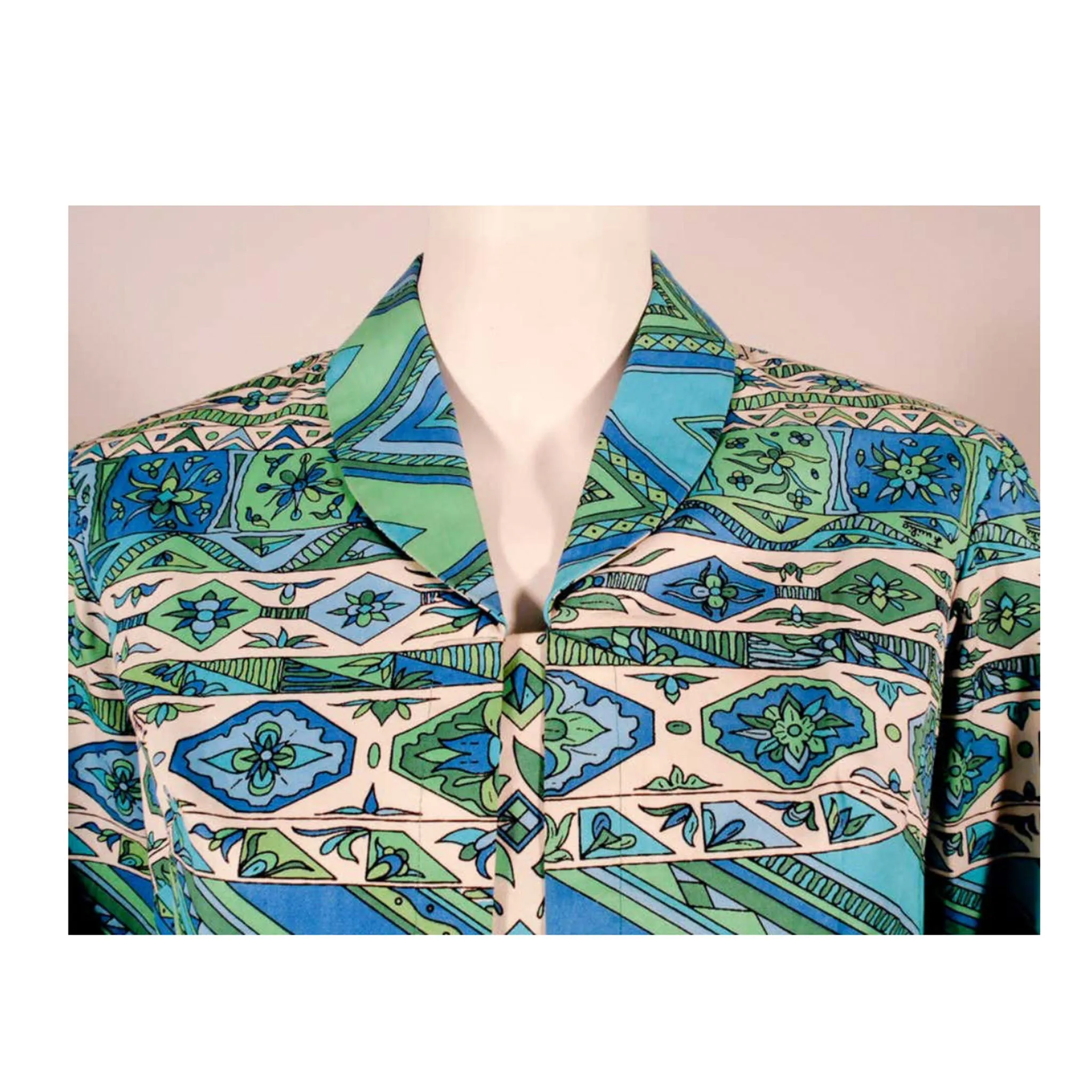 EMILIO PUCCI 1970s Mint Green & White Cotton Print Jacket