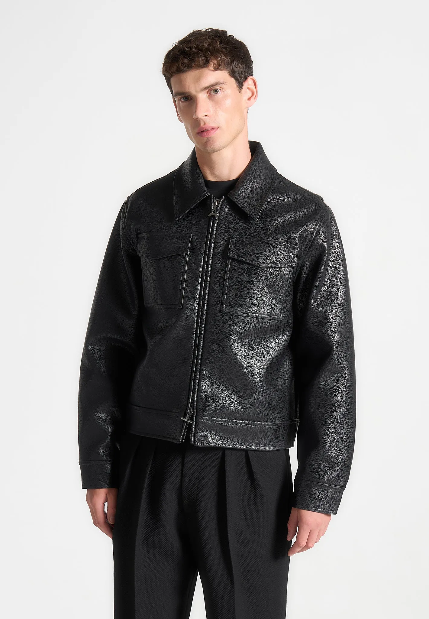 Grained Leather Jacket - Black