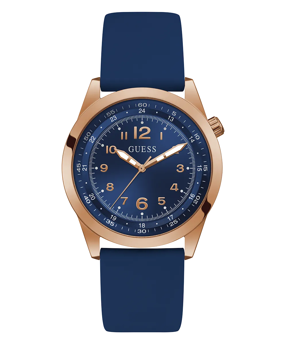 GUESS Mens Blue Rose Gold Tone Analog Watch