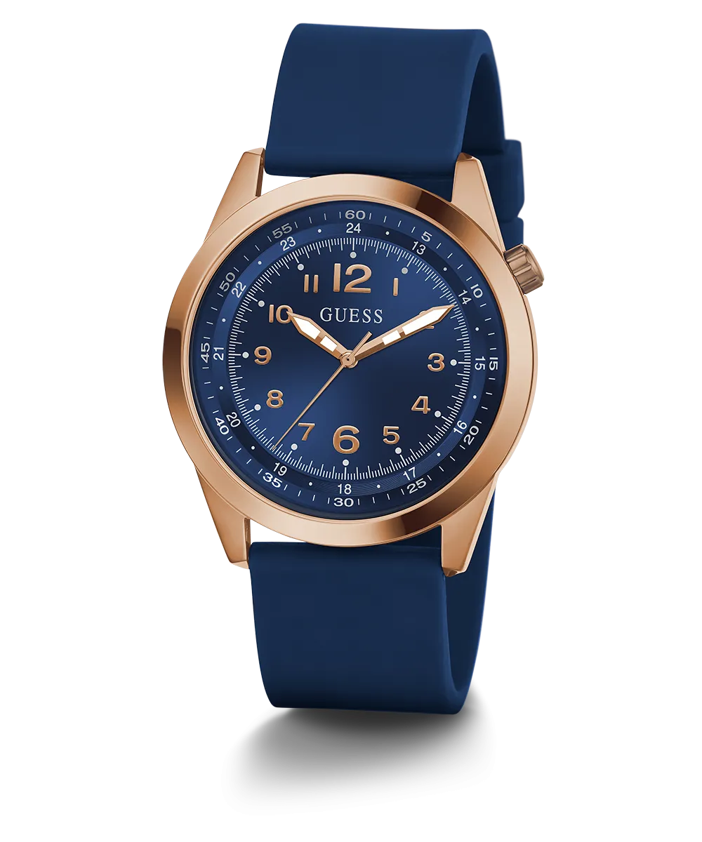 GUESS Mens Blue Rose Gold Tone Analog Watch