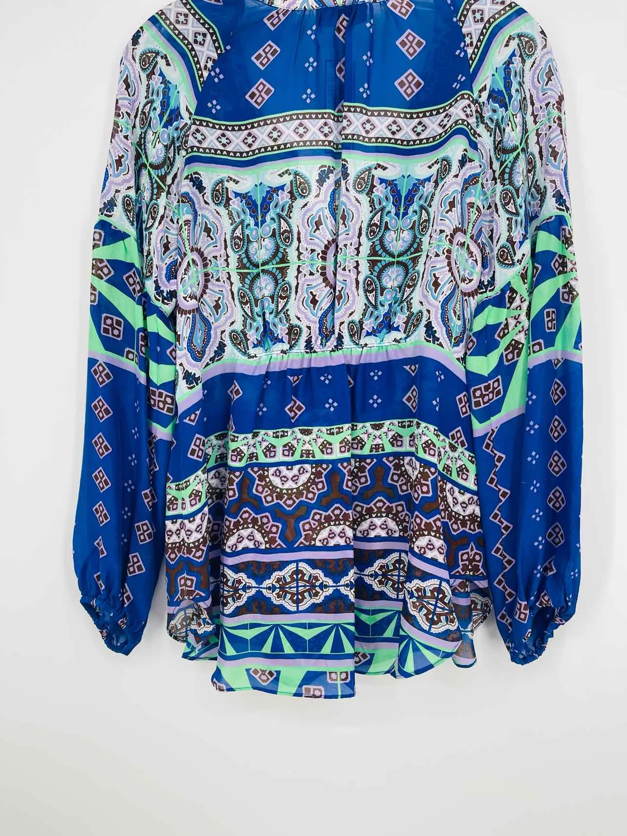 Hale Bob Size S Blue/Purple Paisley Silk Designer Top-Long Sleeve