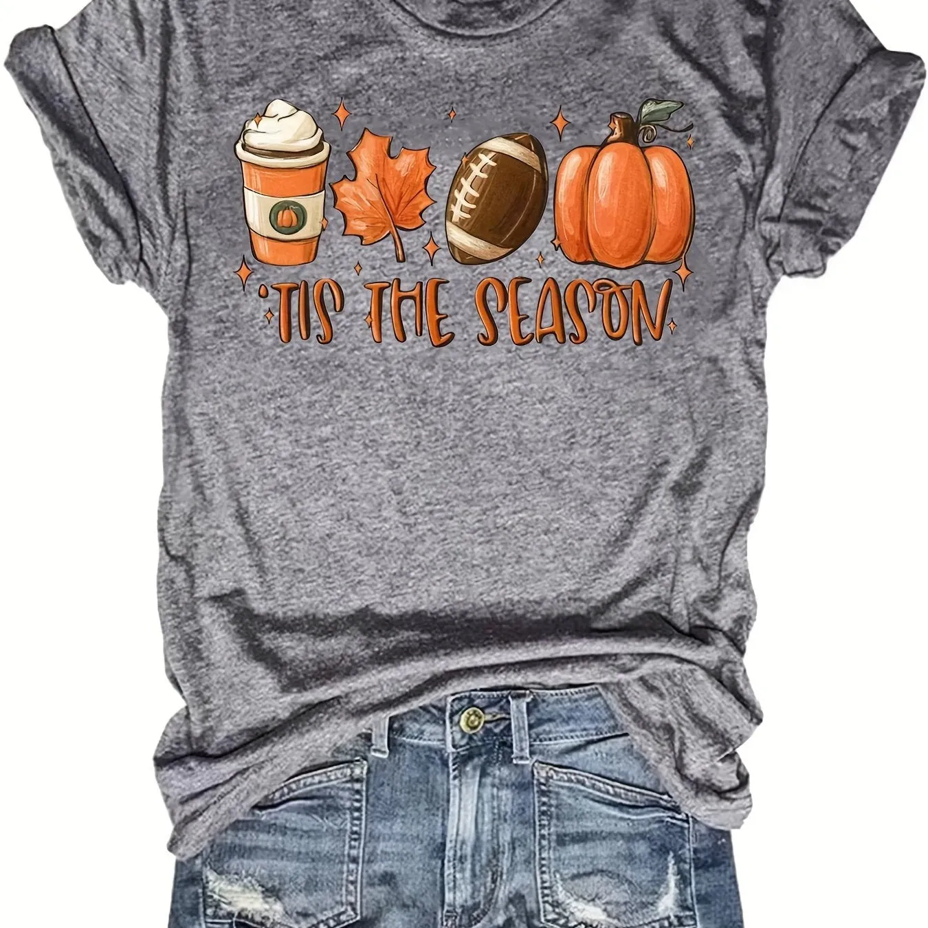 Halloween Pumpkin Football Print Shirt| Casual Women's T-shirt Crew Neck| Stylish Graphic Tee (9 Colors)