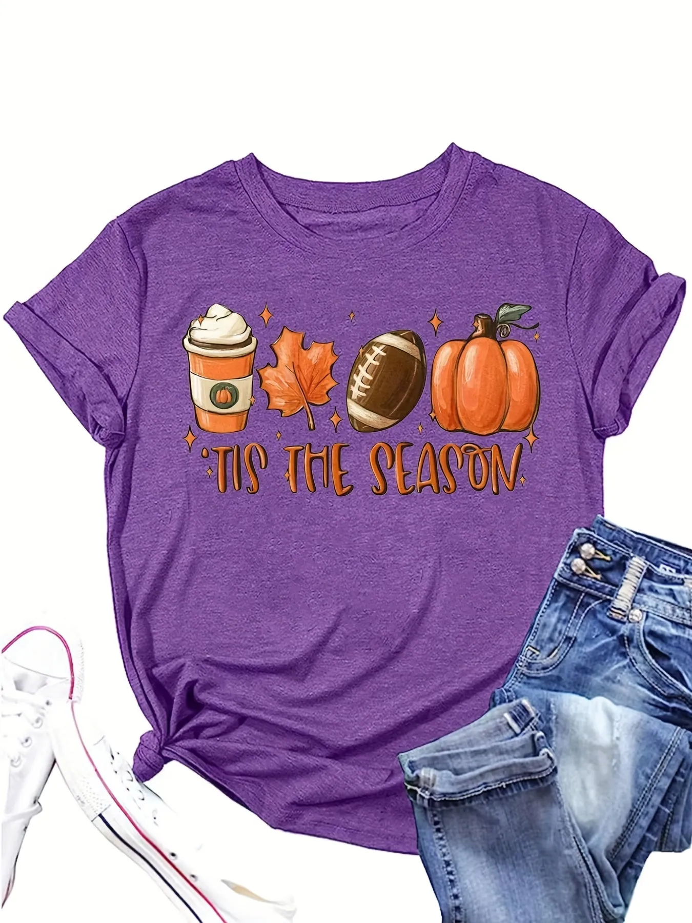 Halloween Pumpkin Football Print Shirt| Casual Women's T-shirt Crew Neck| Stylish Graphic Tee (9 Colors)