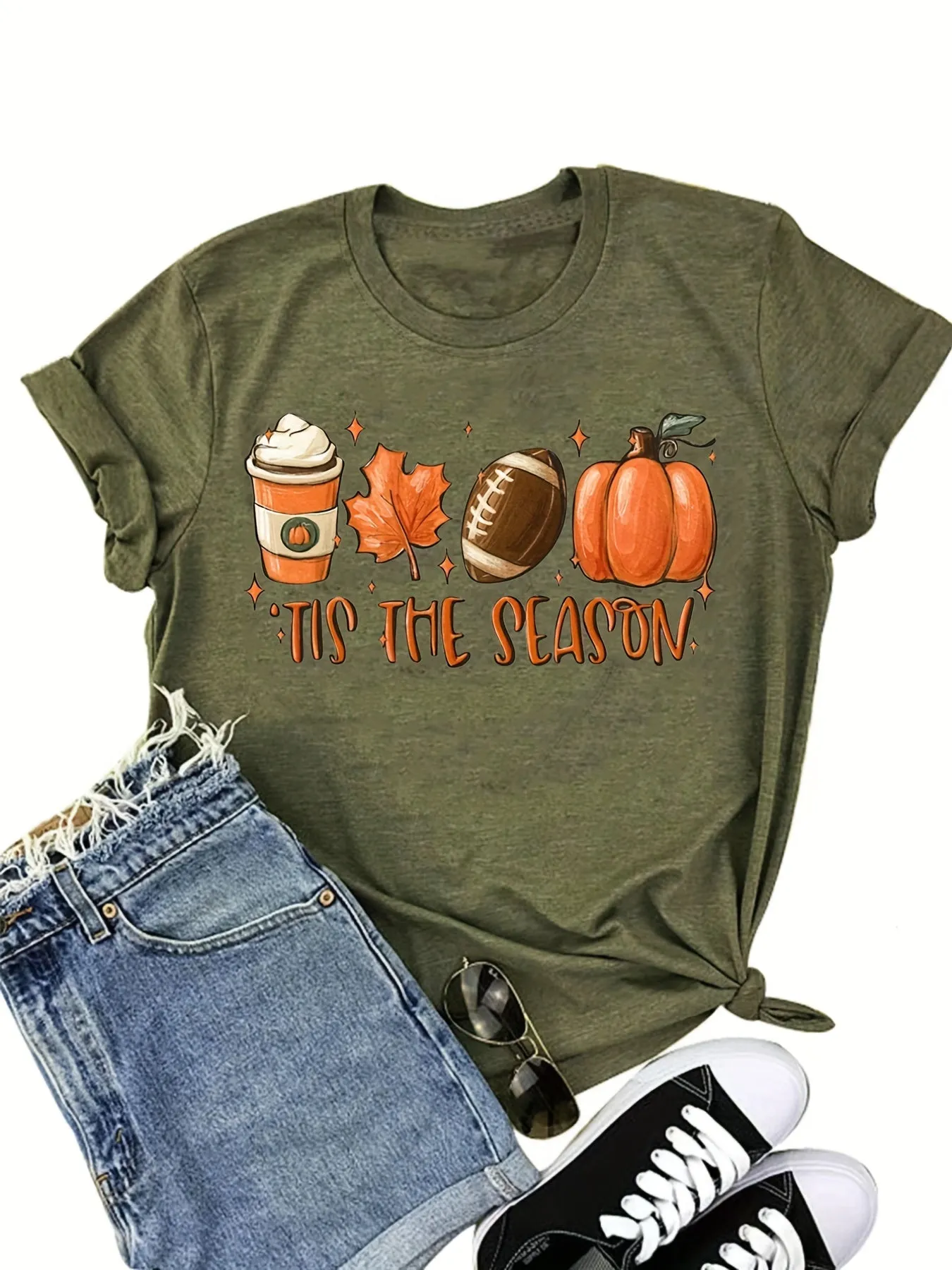 Halloween Pumpkin Football Print Shirt| Casual Women's T-shirt Crew Neck| Stylish Graphic Tee (9 Colors)