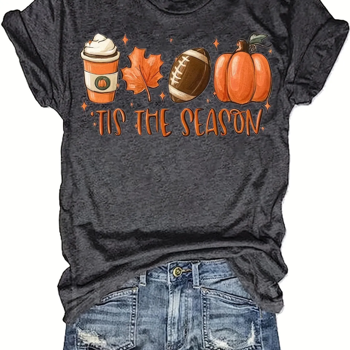 Halloween Pumpkin Football Print Shirt| Casual Women's T-shirt Crew Neck| Stylish Graphic Tee (9 Colors)