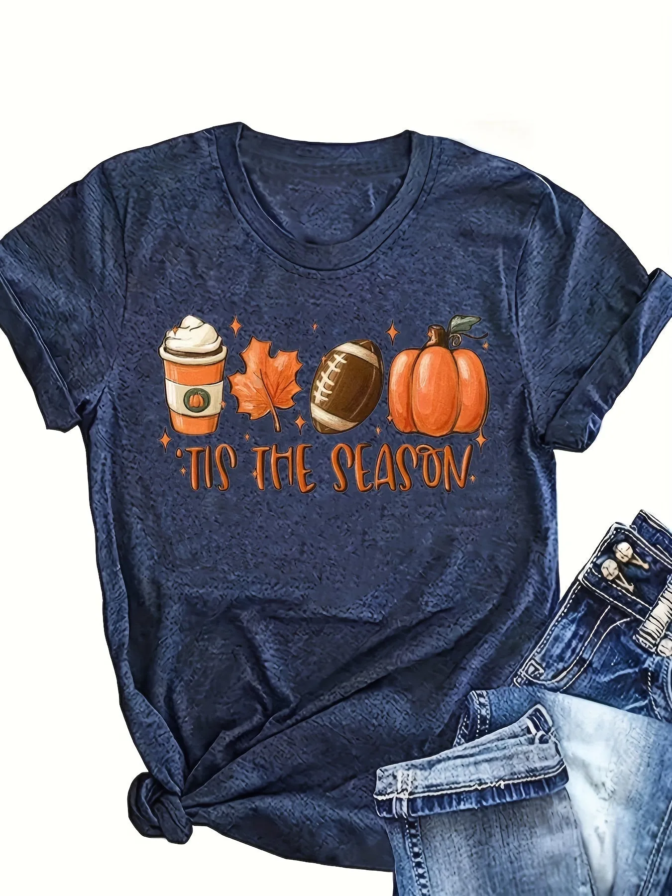 Halloween Pumpkin Football Print Shirt| Casual Women's T-shirt Crew Neck| Stylish Graphic Tee (9 Colors)