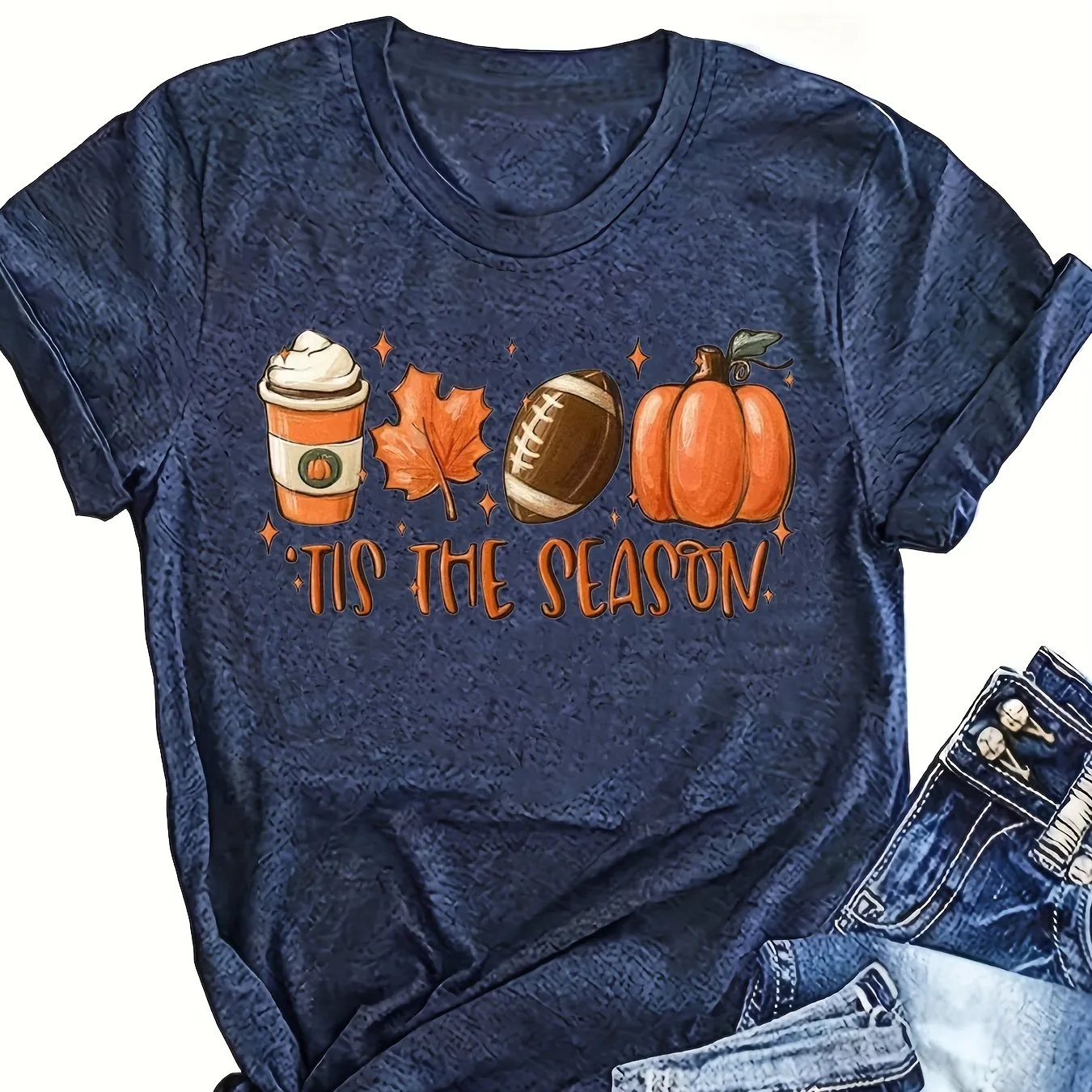 Halloween Pumpkin Football Print Shirt| Casual Women's T-shirt Crew Neck| Stylish Graphic Tee (9 Colors)