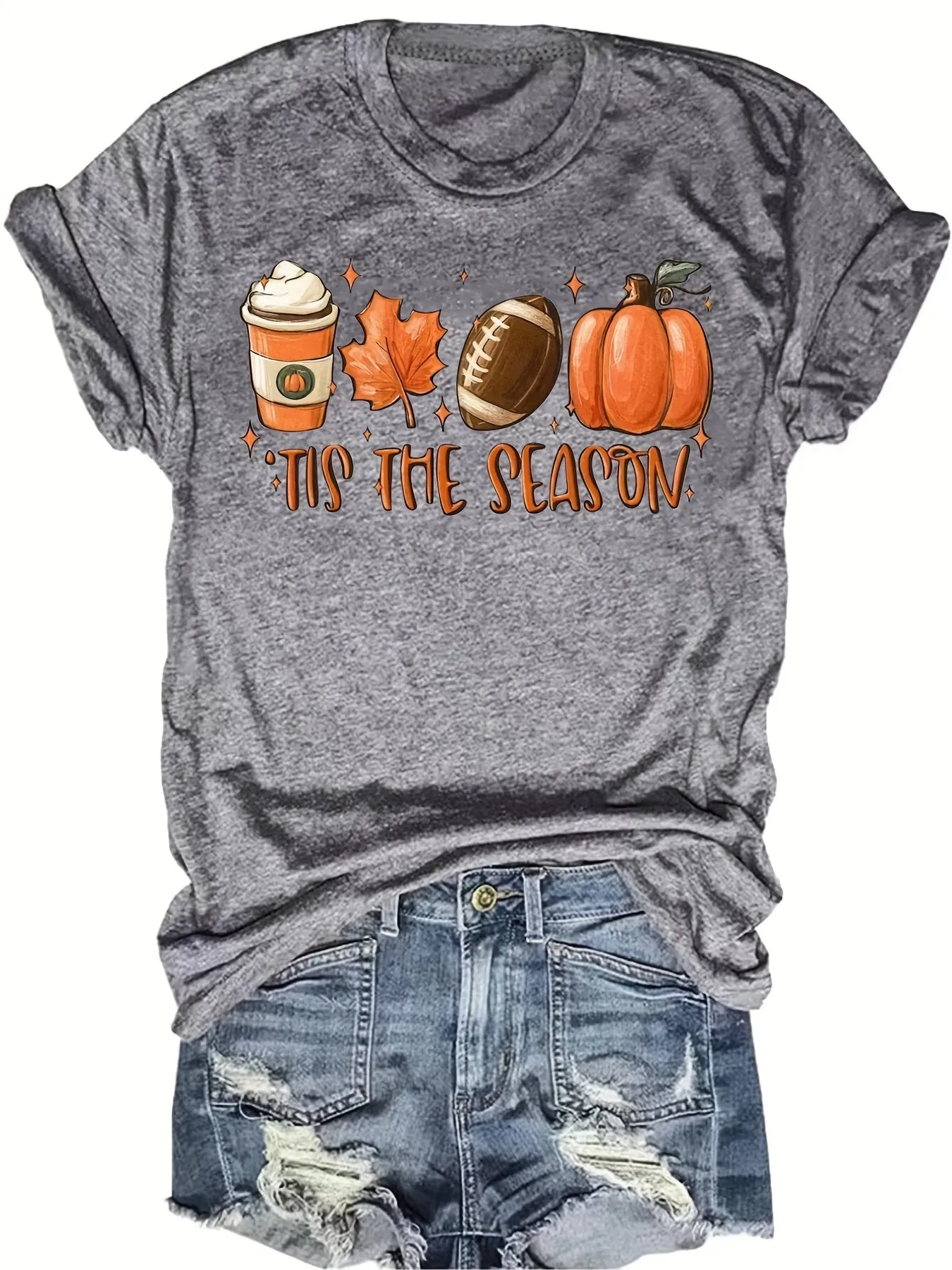 Halloween Pumpkin Football Print Shirt| Casual Women's T-shirt Crew Neck| Stylish Graphic Tee (9 Colors)