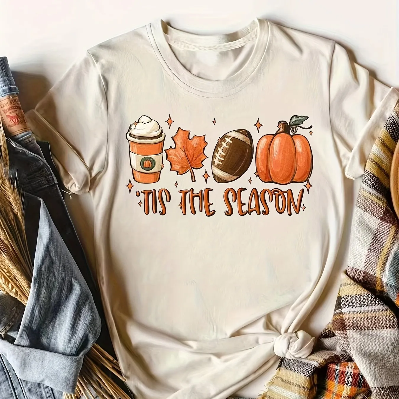 Halloween Pumpkin Football Print Shirt| Casual Women's T-shirt Crew Neck| Stylish Graphic Tee (9 Colors)