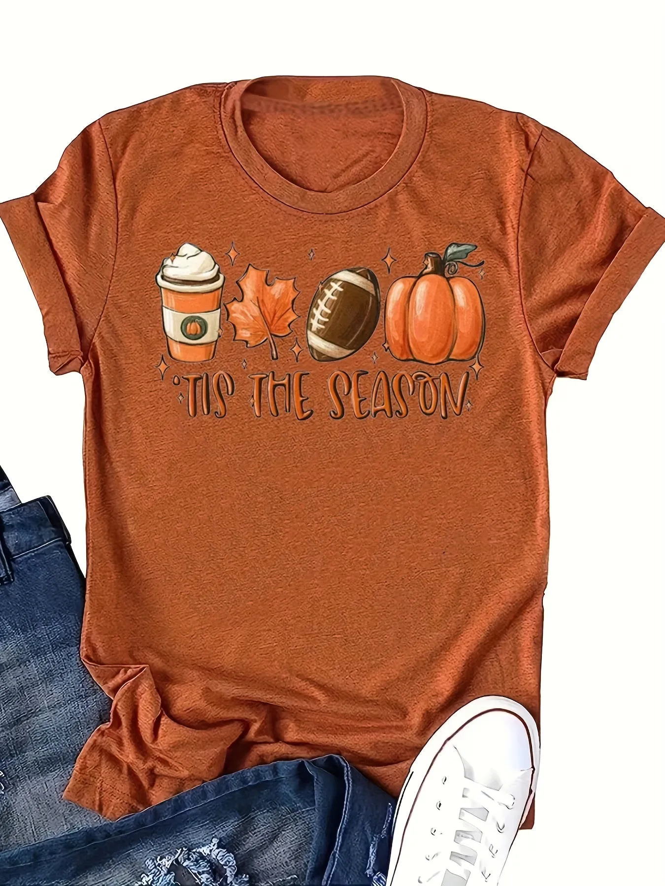 Halloween Pumpkin Football Print Shirt| Casual Women's T-shirt Crew Neck| Stylish Graphic Tee (9 Colors)