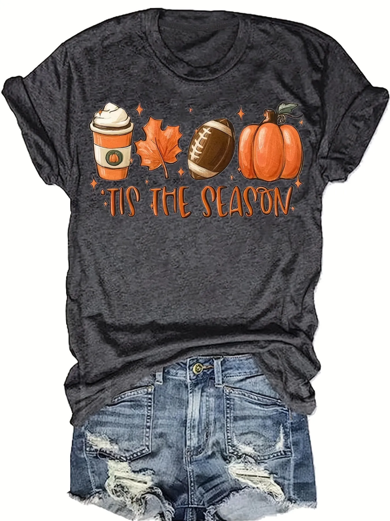 Halloween Pumpkin Football Print Shirt| Casual Women's T-shirt Crew Neck| Stylish Graphic Tee (9 Colors)