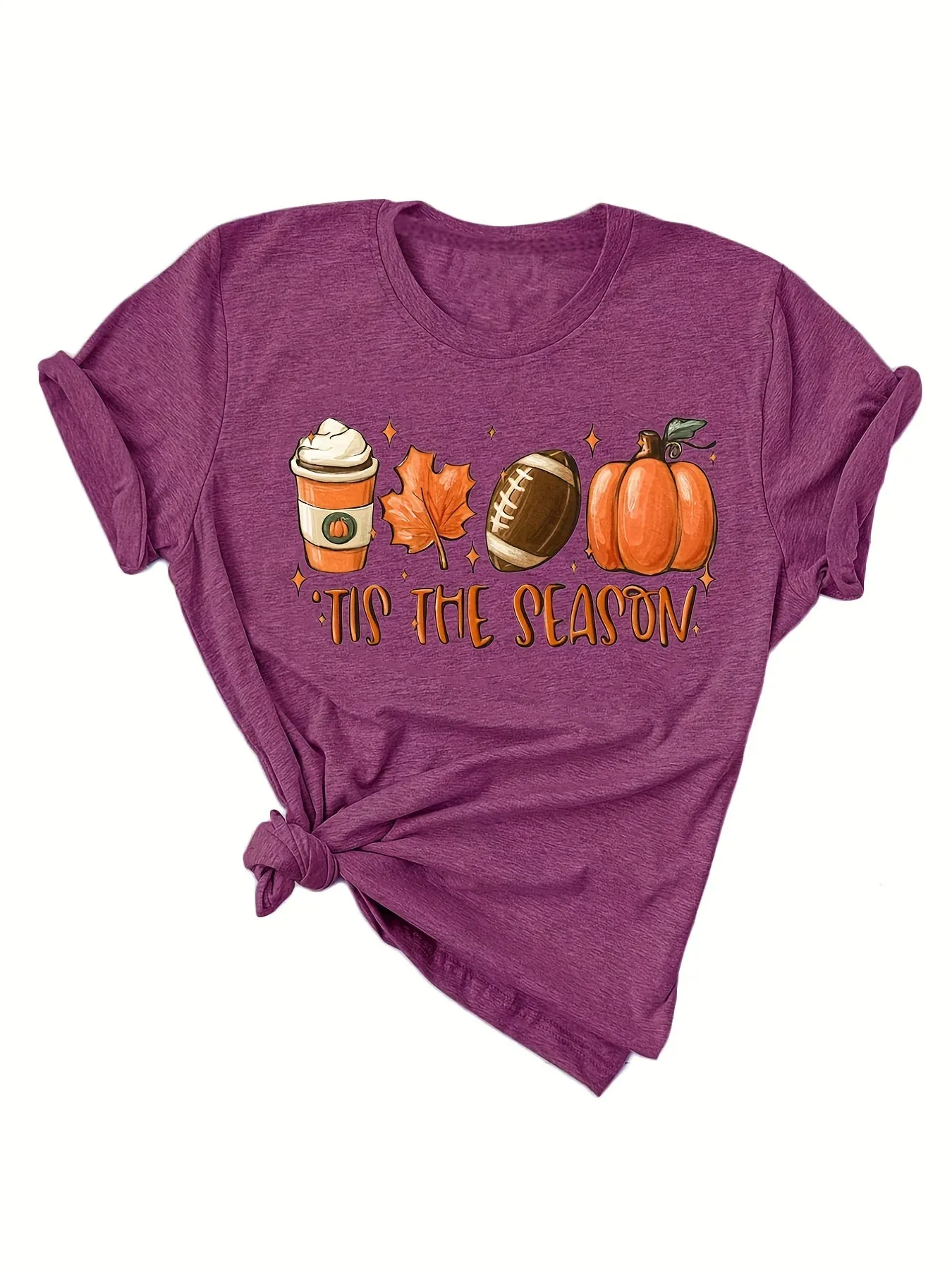 Halloween Pumpkin Football Print Shirt| Casual Women's T-shirt Crew Neck| Stylish Graphic Tee (9 Colors)