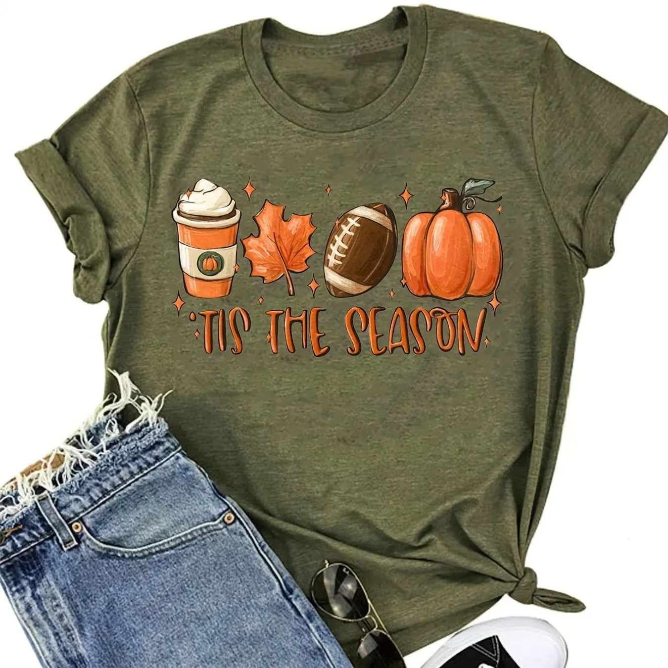 Halloween Pumpkin Football Print Shirt| Casual Women's T-shirt Crew Neck| Stylish Graphic Tee (9 Colors)