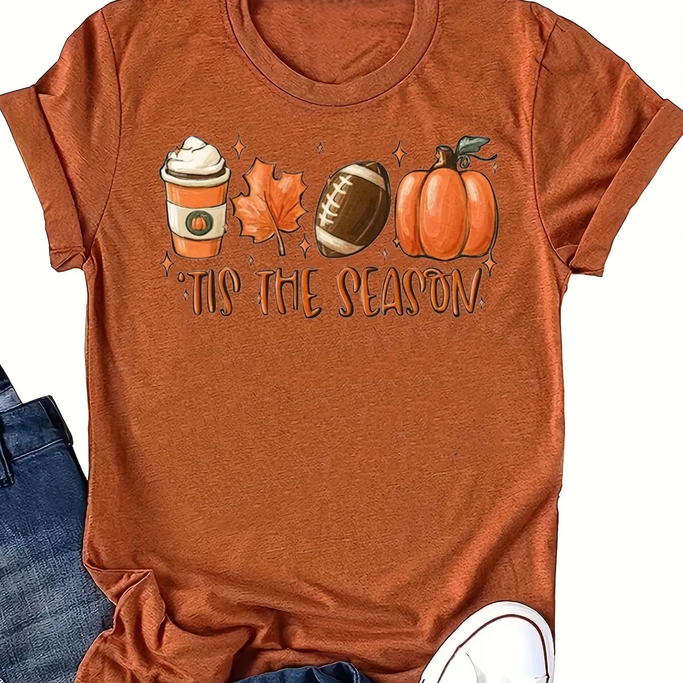 Halloween Pumpkin Football Print Shirt| Casual Women's T-shirt Crew Neck| Stylish Graphic Tee (9 Colors)