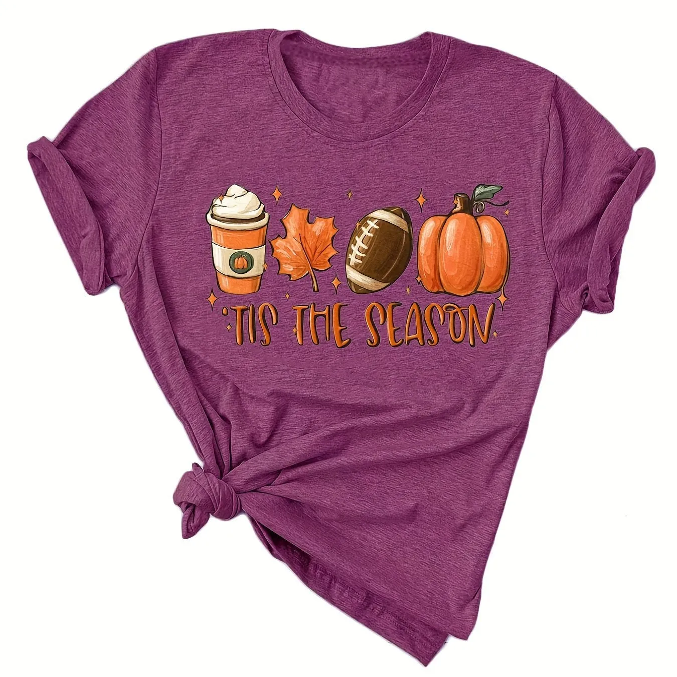 Halloween Pumpkin Football Print Shirt| Casual Women's T-shirt Crew Neck| Stylish Graphic Tee (9 Colors)