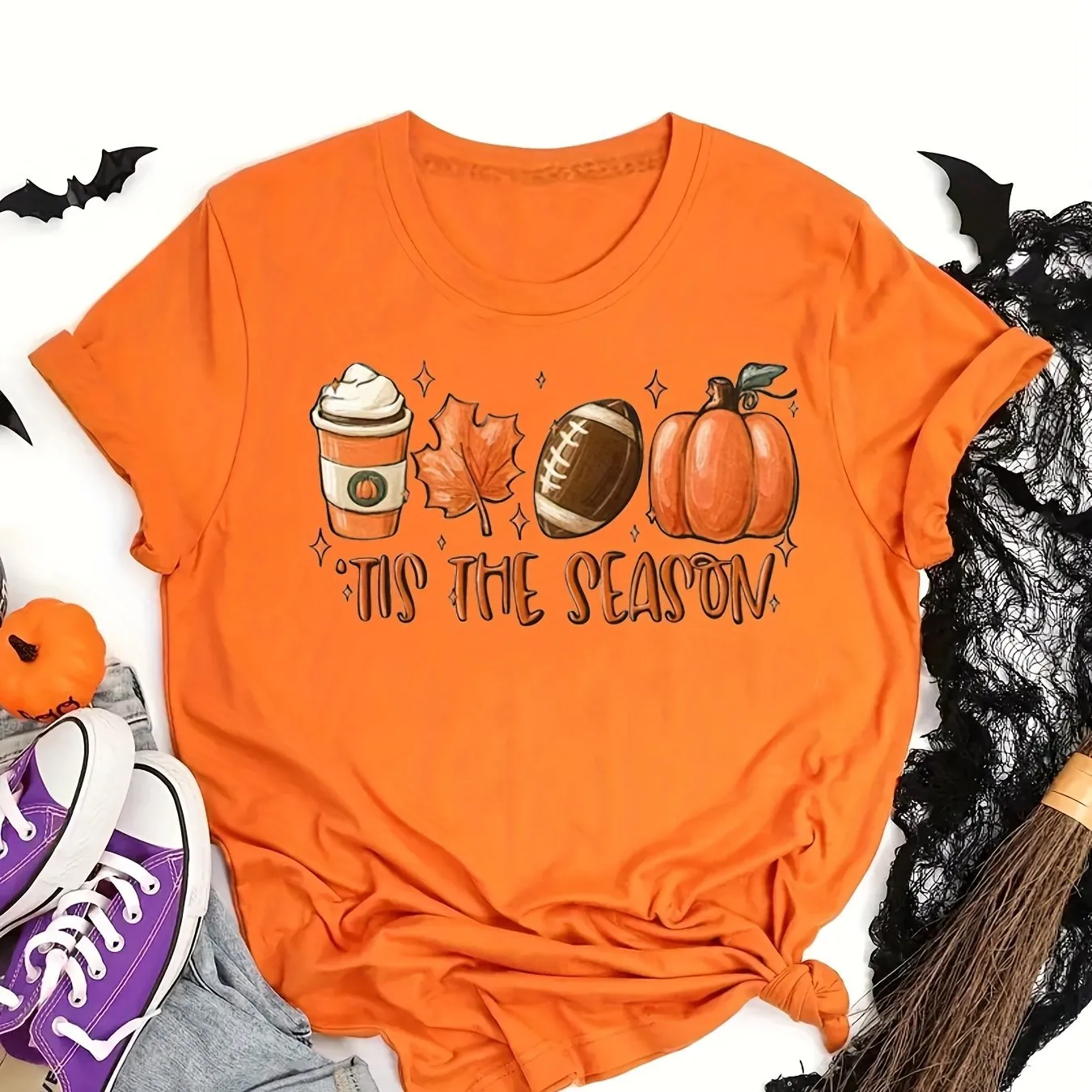 Halloween Pumpkin Football Print Shirt| Casual Women's T-shirt Crew Neck| Stylish Graphic Tee (9 Colors)