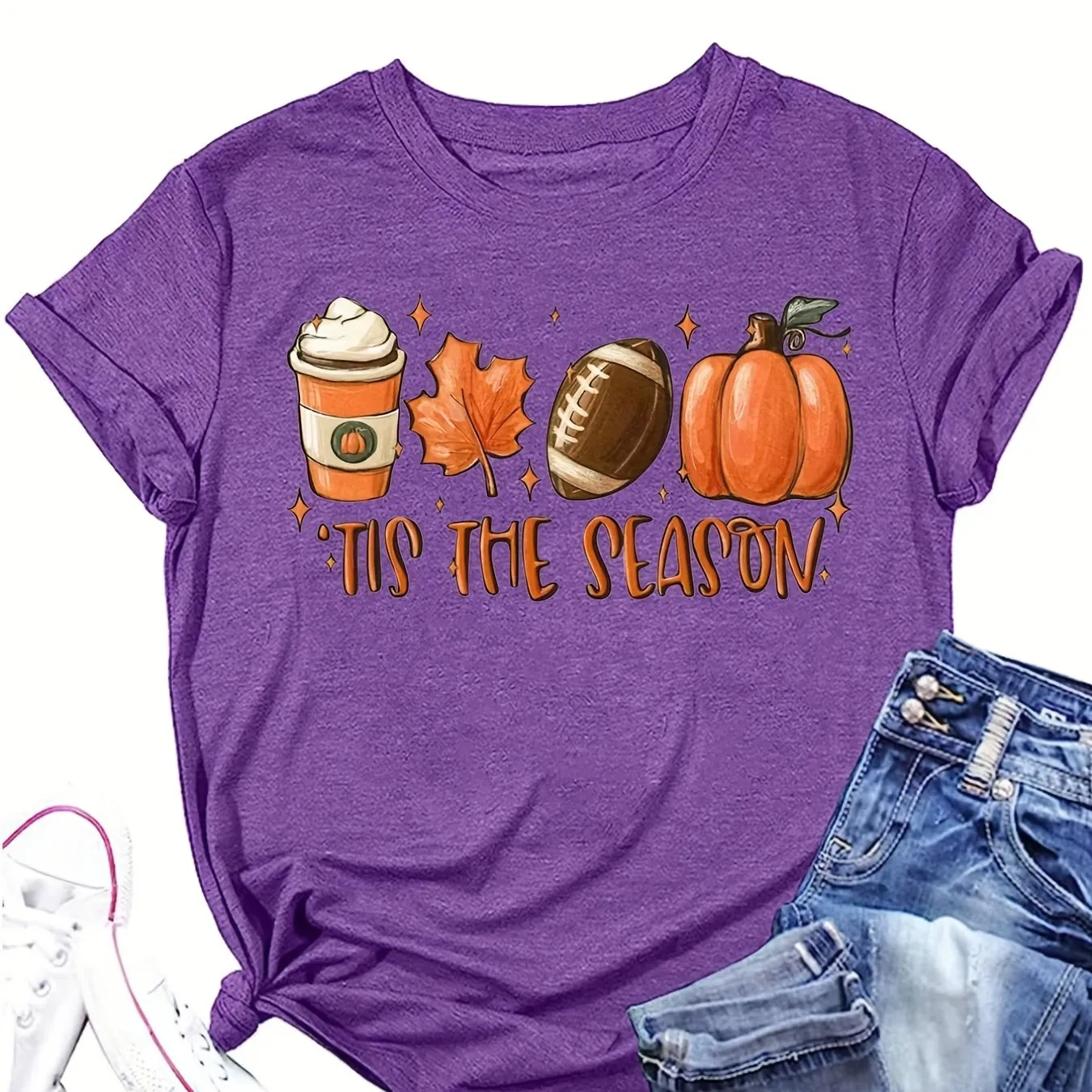 Halloween Pumpkin Football Print Shirt| Casual Women's T-shirt Crew Neck| Stylish Graphic Tee (9 Colors)