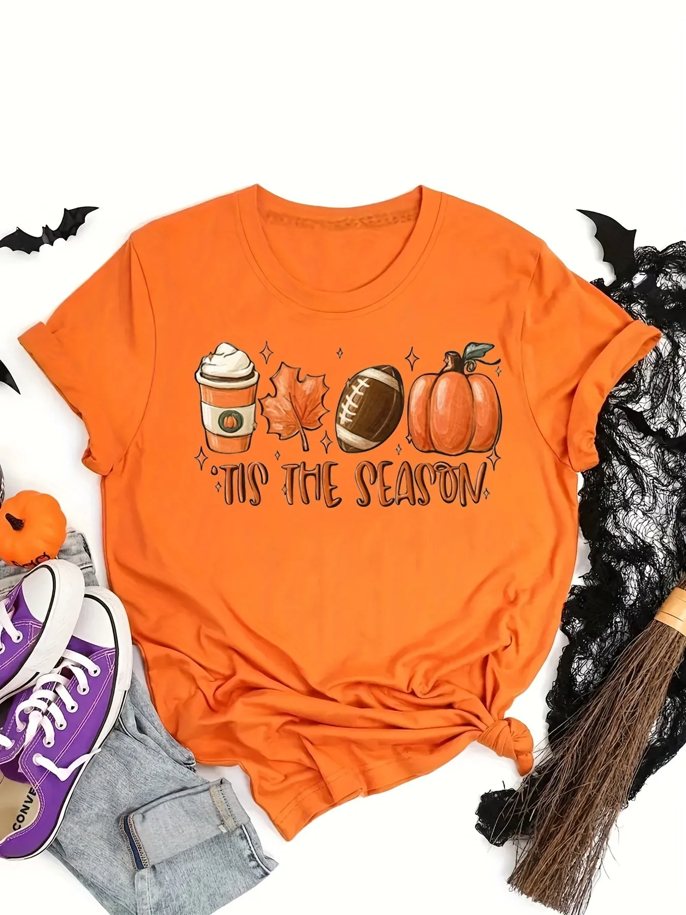 Halloween Pumpkin Football Print Shirt| Casual Women's T-shirt Crew Neck| Stylish Graphic Tee (9 Colors)