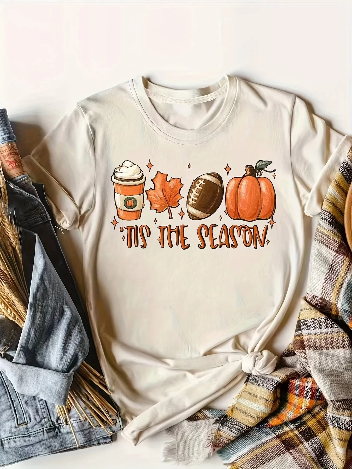 Halloween Pumpkin Football Print Shirt| Casual Women's T-shirt Crew Neck| Stylish Graphic Tee (9 Colors)