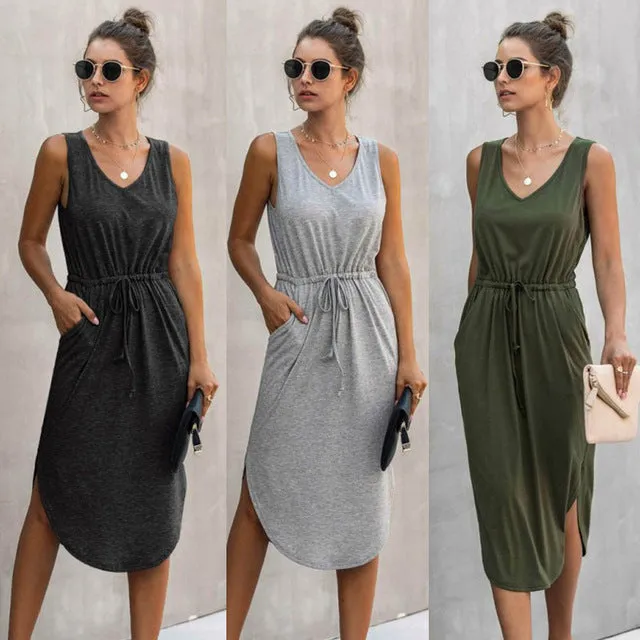 Irregular Cinched Round Neck Vest Dress