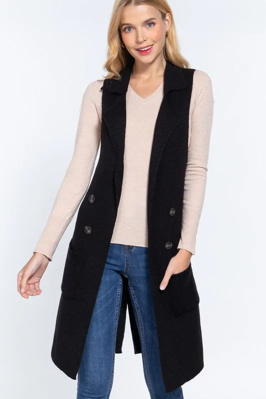 ISOLDE SLEEVELESS NOTCHED COLLAR LONG SWEATER VEST