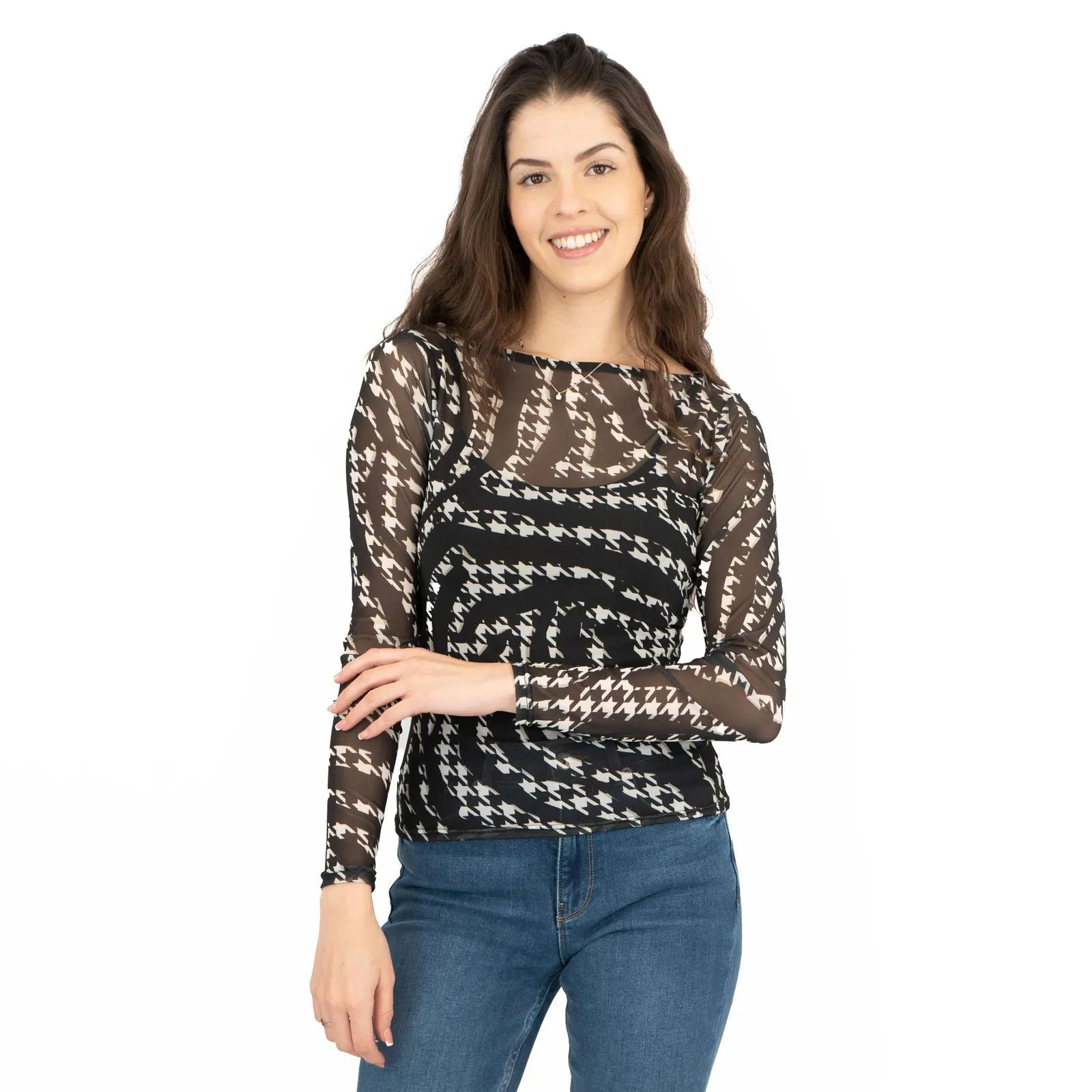 Karen Millen Black Abstract Houndstooth Print Long Sleeve Mesh Tops