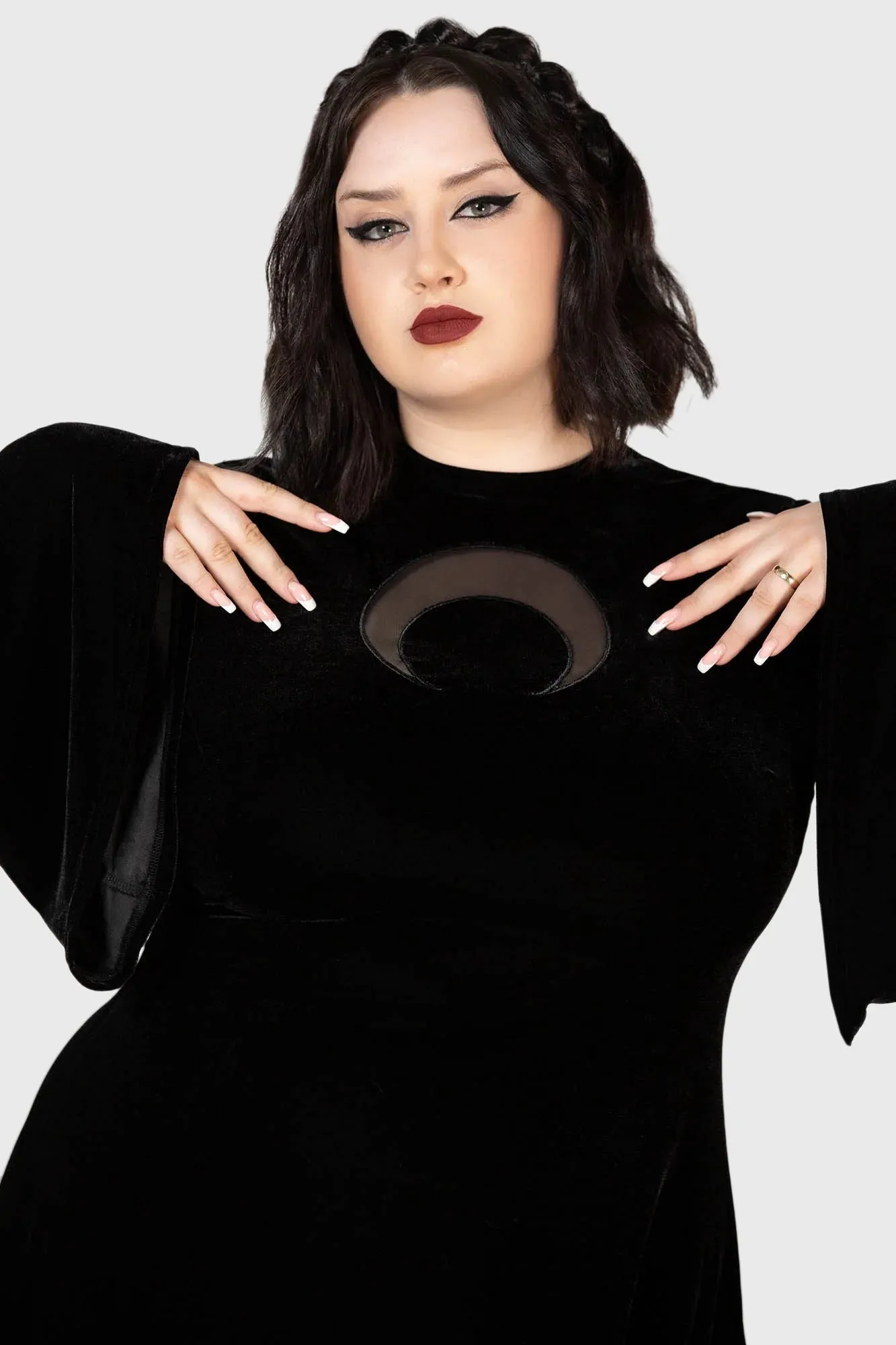 Killstar Reap Dress Velvet Bell Sleeves Crescent Moon Cut-out