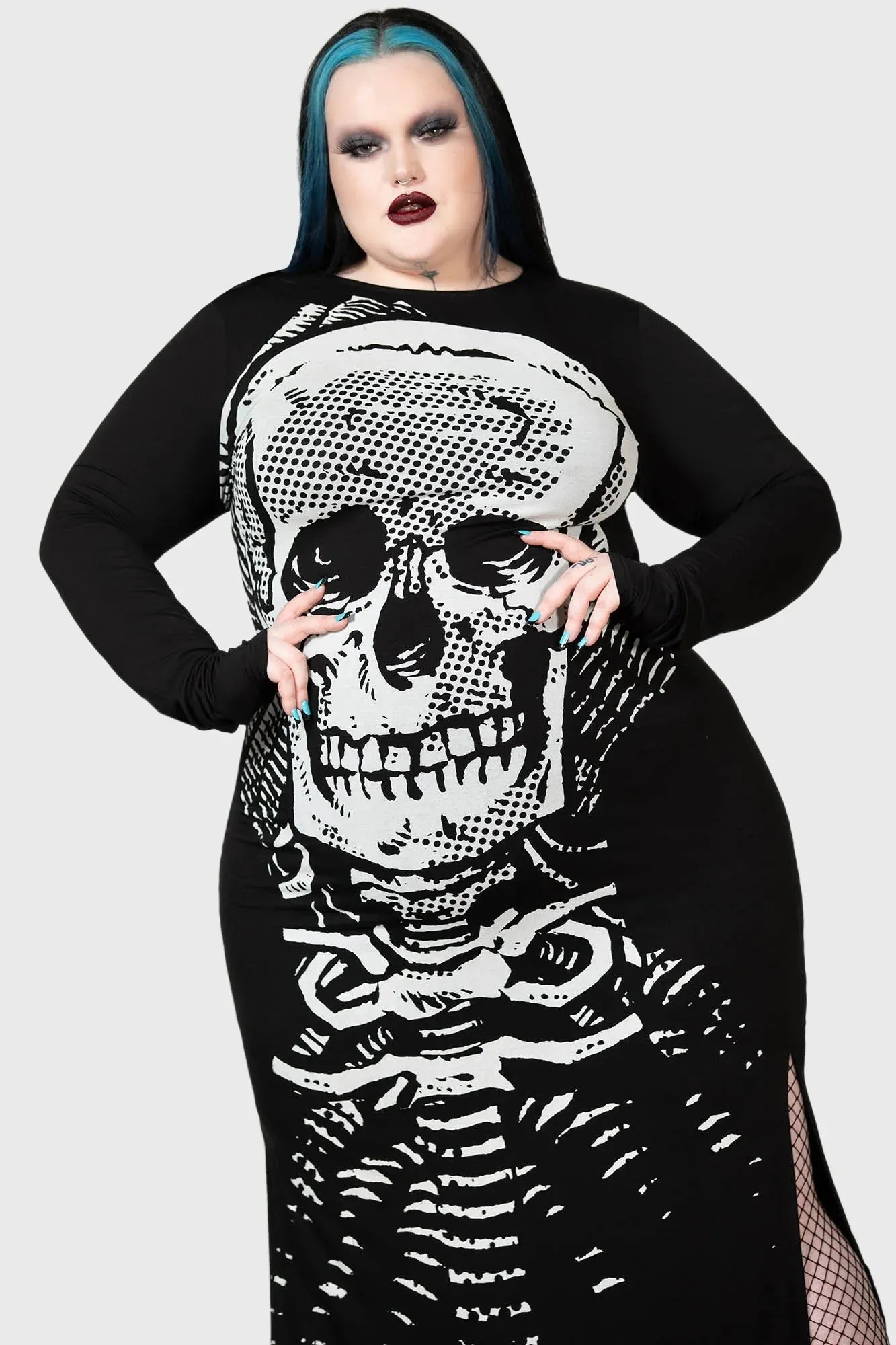 Killstar Spine Chilling Maxi Dress with Long Sleeves and Skull Print Super Sexy