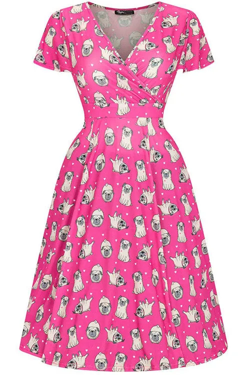 Lady Vintage Lyra Dress in Pugs & Kisses Pink