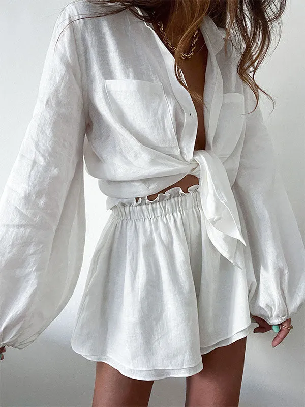 Lined Solid Shirt Ruffle Hem Shorts Set