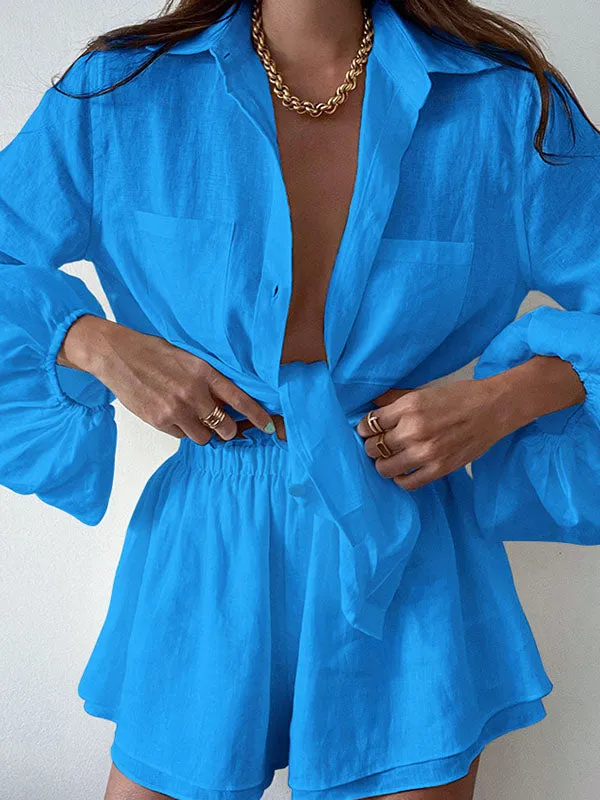 Lined Solid Shirt Ruffle Hem Shorts Set